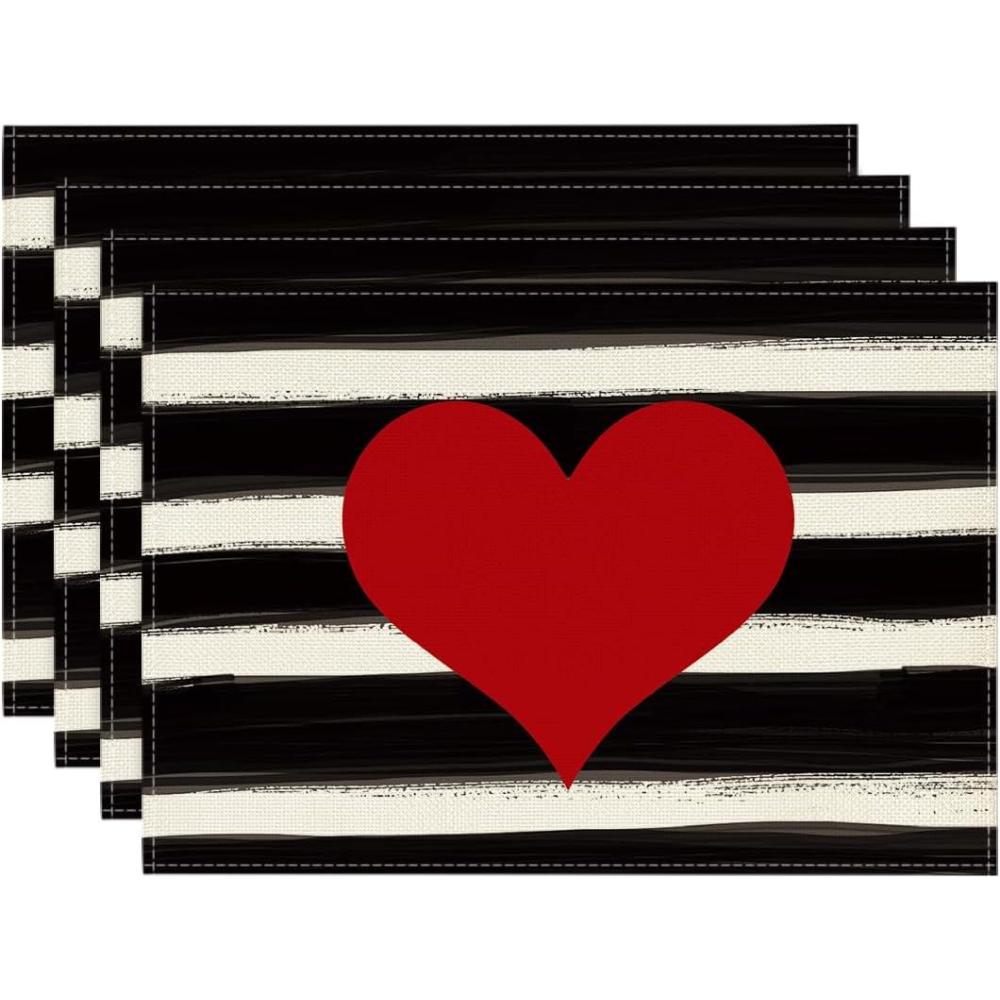 imageArtoid Mode Watercolor Stripes Love Heart Valentine Placemats Set of 4 12x18 Inch Holiday Table Mats for Party Kitchen Dining DecorationRed