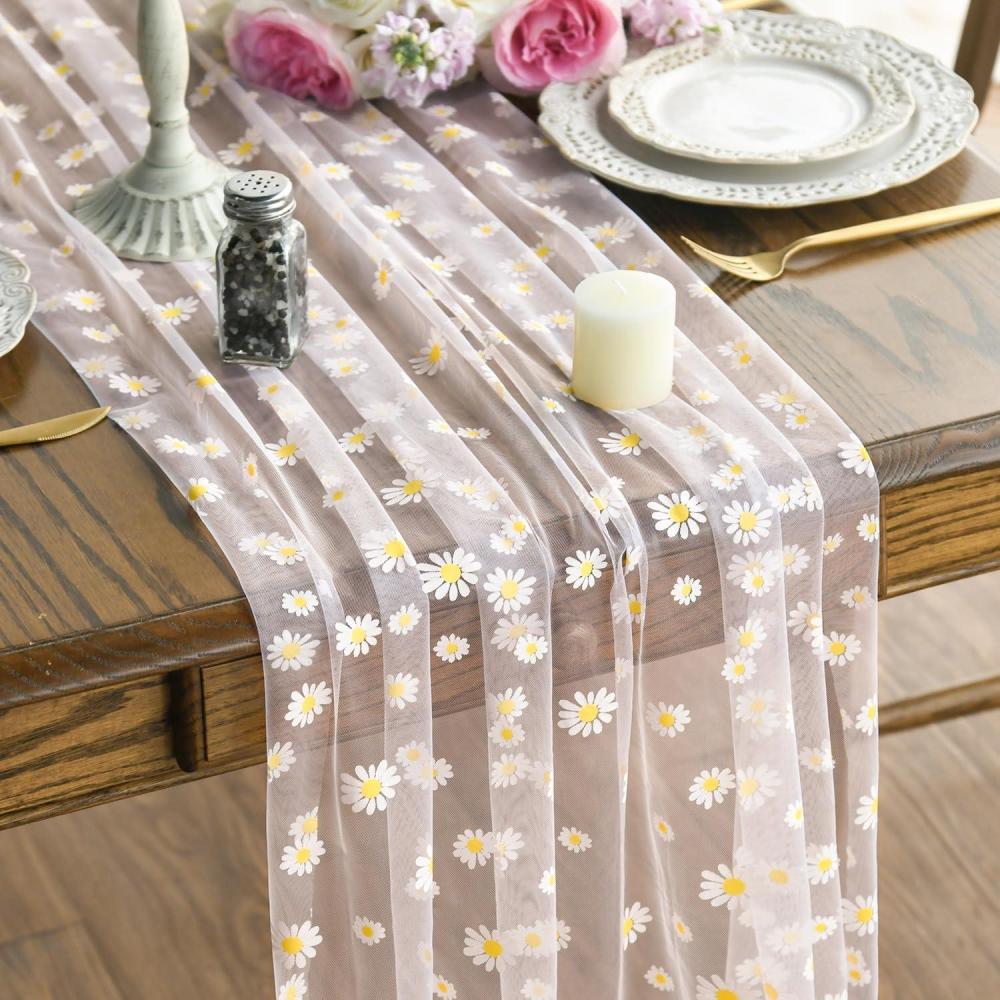 imageArtoid Mode White Daisy Summer Gauze Table Runner 120 Inch 10FT Seasonal Sheer Dining Wedding Holiday Birthday Table Decor for Home PartyPink