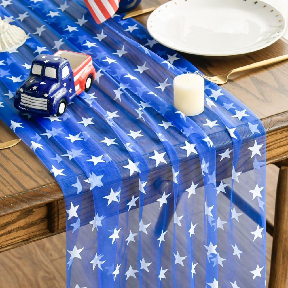 imageArtoid Mode White Stars Blue Gauze Table Runner 120 Inch 10FT 4th of July Sheer Dining Wedding Holiday Birthday Table Decor for Home PartyBlue