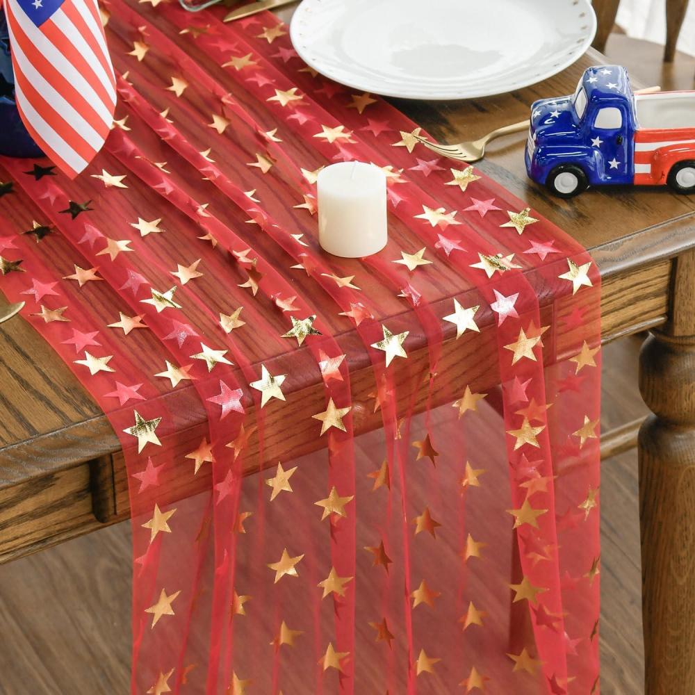 imageArtoid Mode White Stars Blue Gauze Table Runner 120 Inch 10FT 4th of July Sheer Dining Wedding Holiday Birthday Table Decor for Home PartyRed