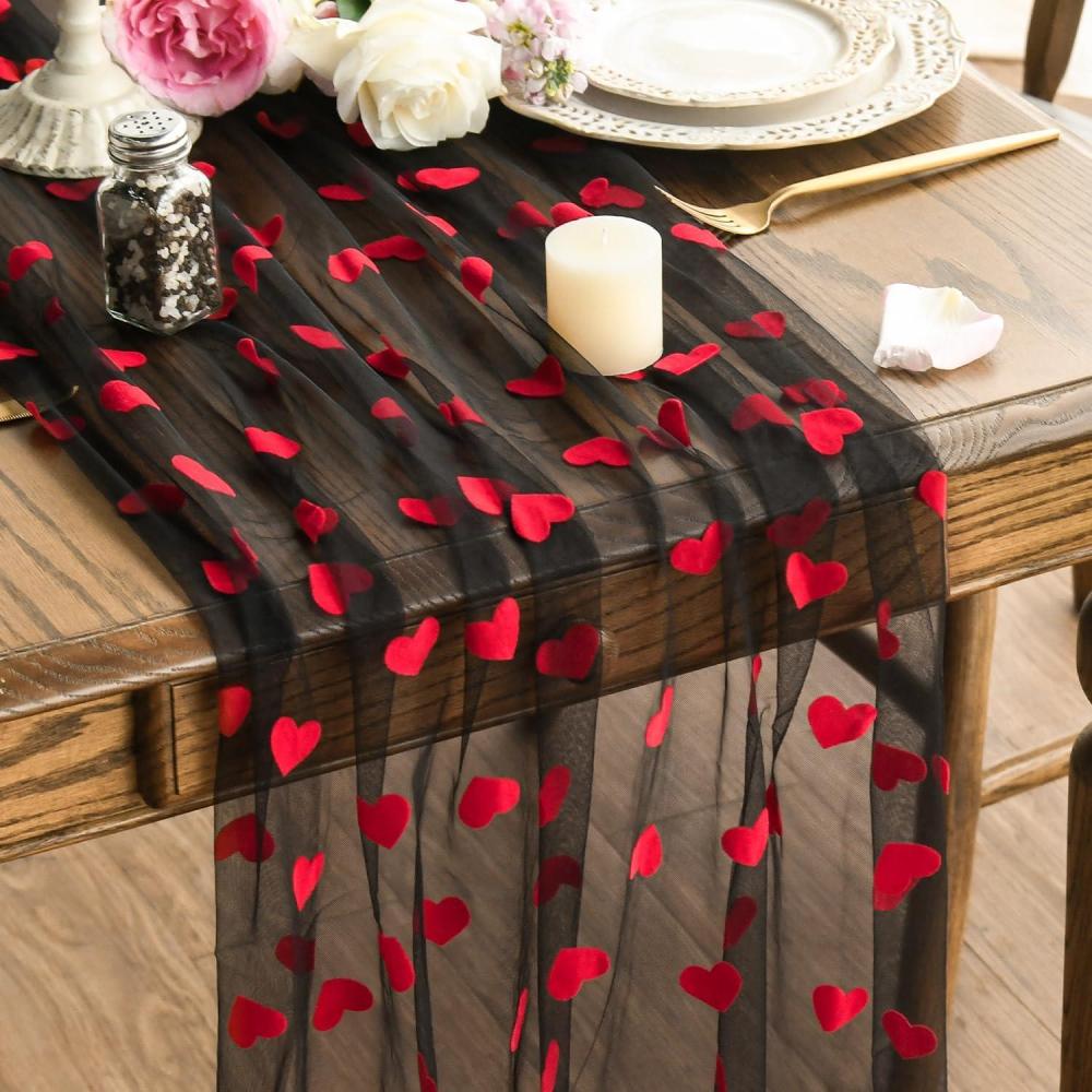 imageArtoid Mode White and Red Heart Gauze Table Runner 120 Inch 10FT Mothers Day Sheer Dining Anniversary Wedding Table Decor for Home PartyBlack