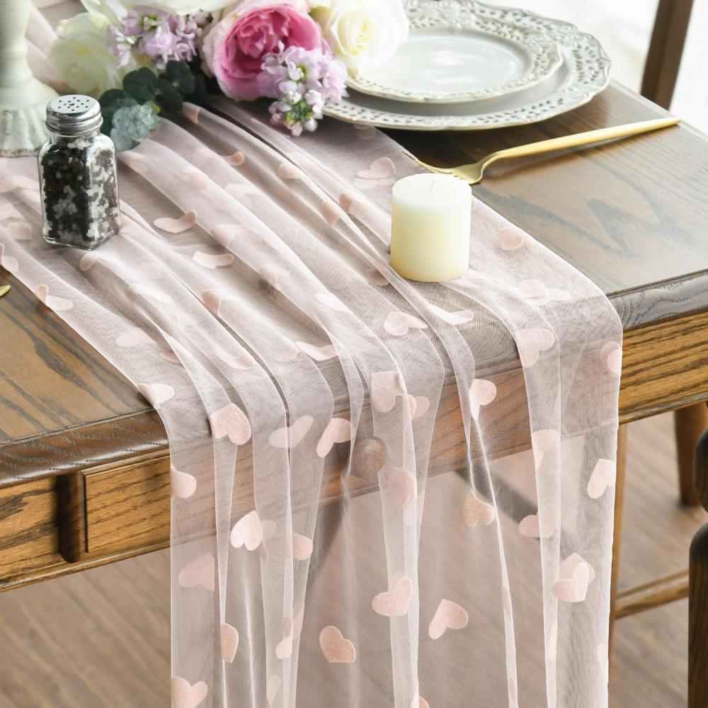 imageArtoid Mode White and Red Heart Gauze Table Runner 120 Inch 10FT Mothers Day Sheer Dining Anniversary Wedding Table Decor for Home PartyPink