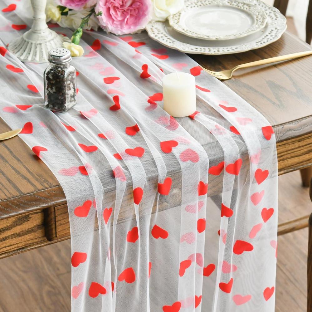 imageArtoid Mode White and Red Heart Gauze Table Runner 120 Inch 10FT Mothers Day Sheer Dining Anniversary Wedding Table Decor for Home PartyWhite