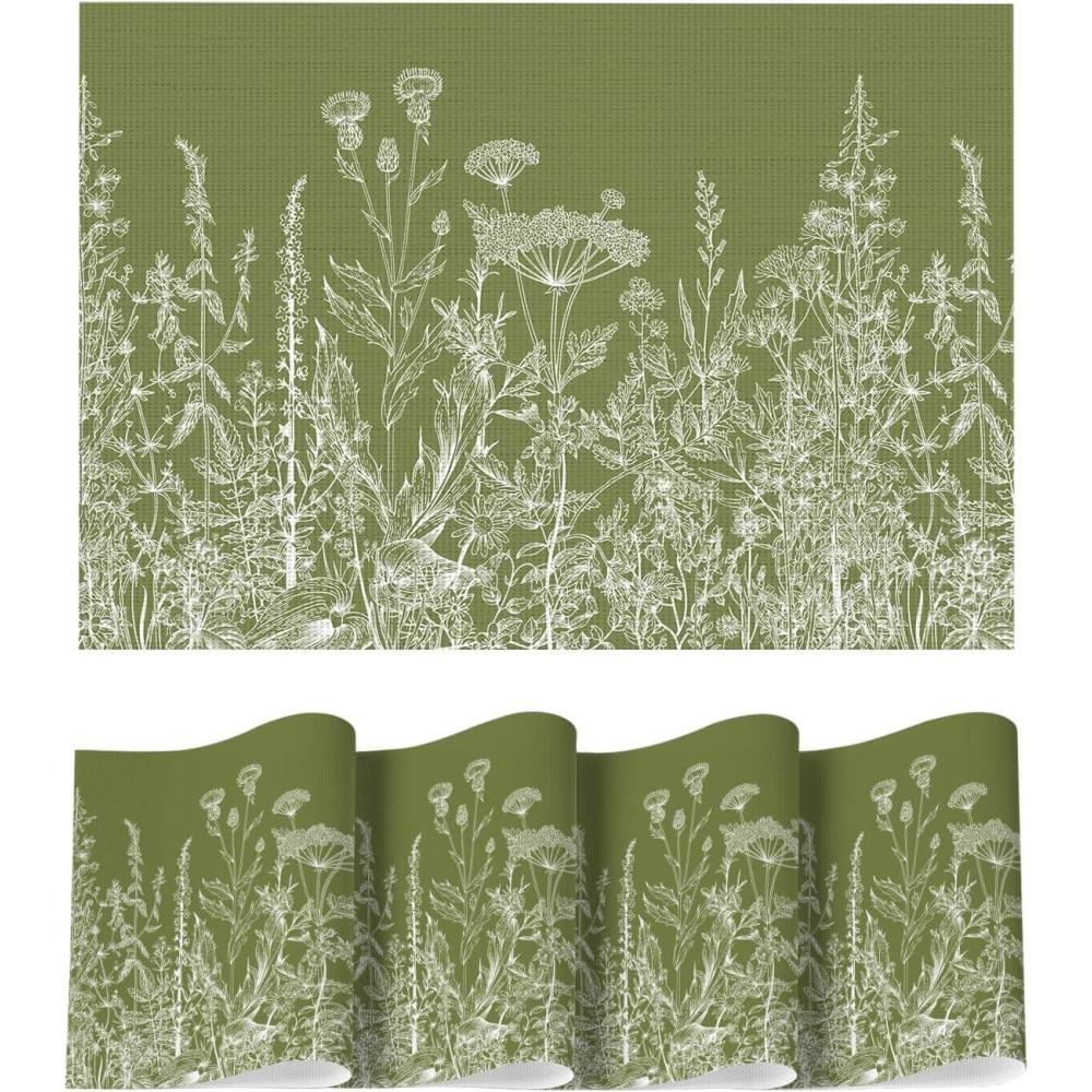 imageArtoid Mode Wildflower Vinyl Placemats Set of 4 Washable NonSlip Plastic PVC Table Mats for Spring Party Kitchen Dining Decor 12x18 InchGreen