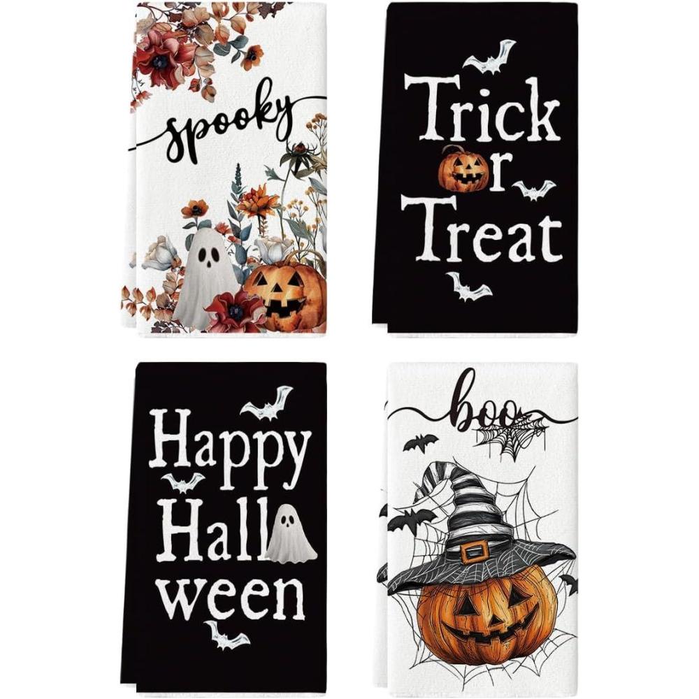 imageArtoid Mode Wizard Hat Pumpkin Spooky Ghost Halloween Kitchen Towels Dish Towels 18x26 Inch Farmhouse Bat Flower Decoration Hand Towels Set of 4