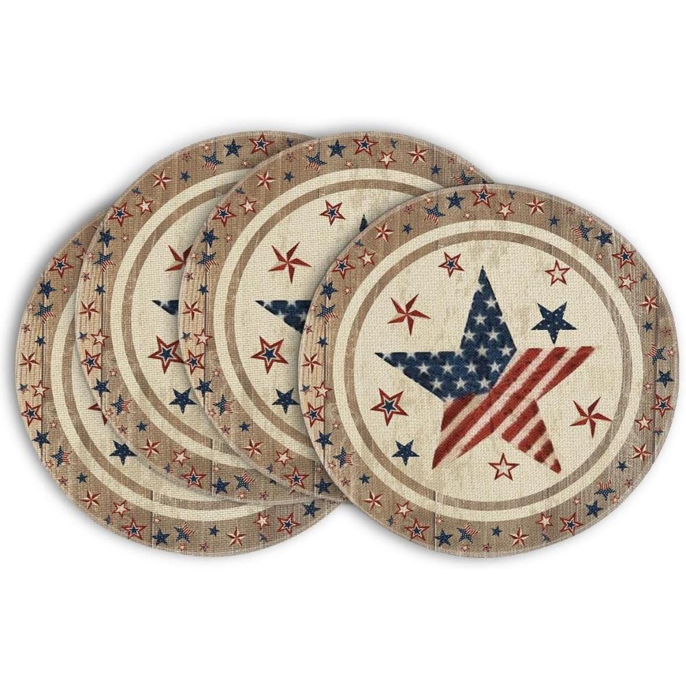 imageArtoid Mode Wood Stars StripShaped 4th of July Round Placemats Set of 414 Inch Patriotic Memorial Day Table Mats for Party Kitchen Dining DecorationWood