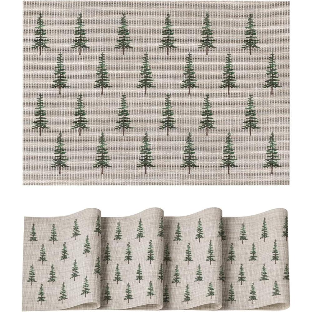 imageArtoid Mode Xmas Tree Christmas Vinyl Placemats Set of 4 12x18 Inch Wipeable Winter PVC Woven Table Mats for Party Kitchen Dining DecorGreen