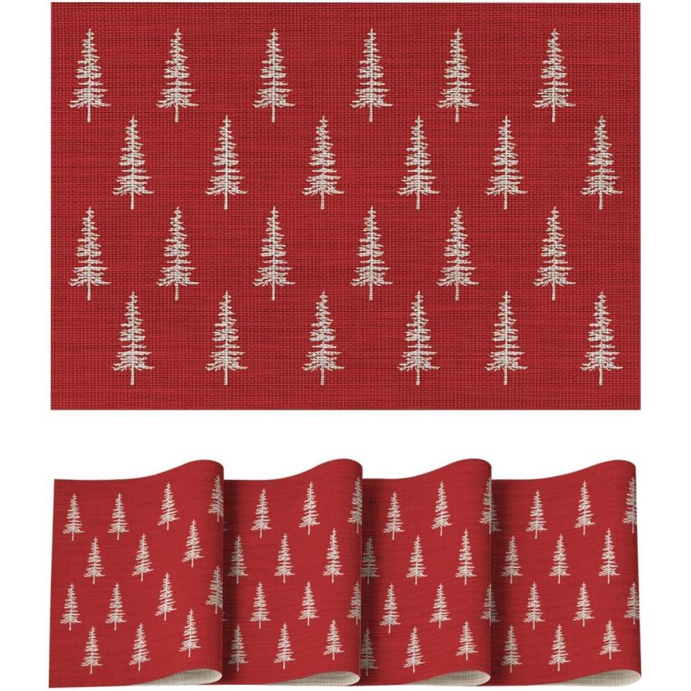 imageArtoid Mode Xmas Tree Christmas Vinyl Placemats Set of 4 12x18 Inch Wipeable Winter PVC Woven Table Mats for Party Kitchen Dining DecorRed