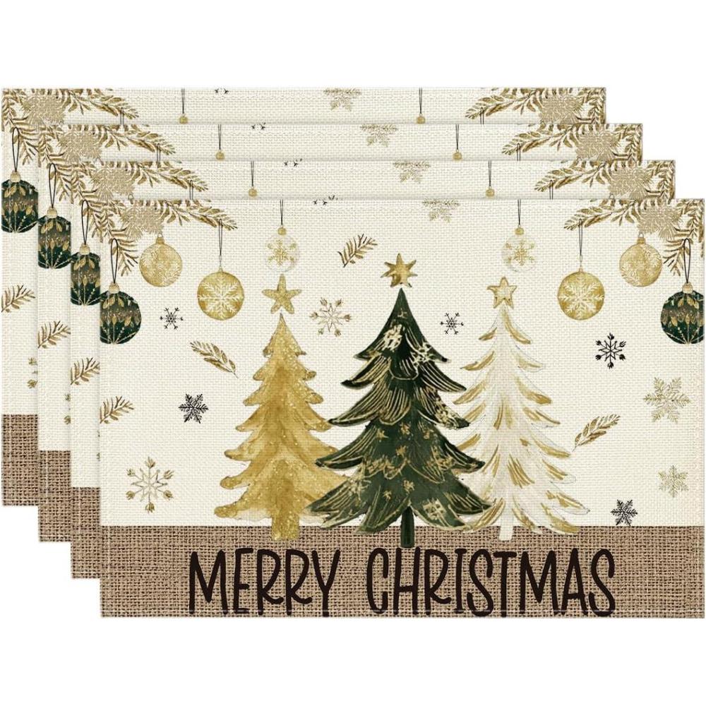 imageArtoid Mode Xmas Trees Ornament Snowflake Merry Christmas Round Placemats Set of 4 14 Inch Winter Round Table Mats for Dining DecorationBeige