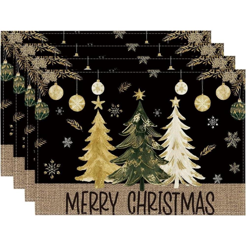 imageArtoid Mode Xmas Trees Ornament Snowflake Merry Christmas Round Placemats Set of 4 14 Inch Winter Round Table Mats for Dining DecorationBlack