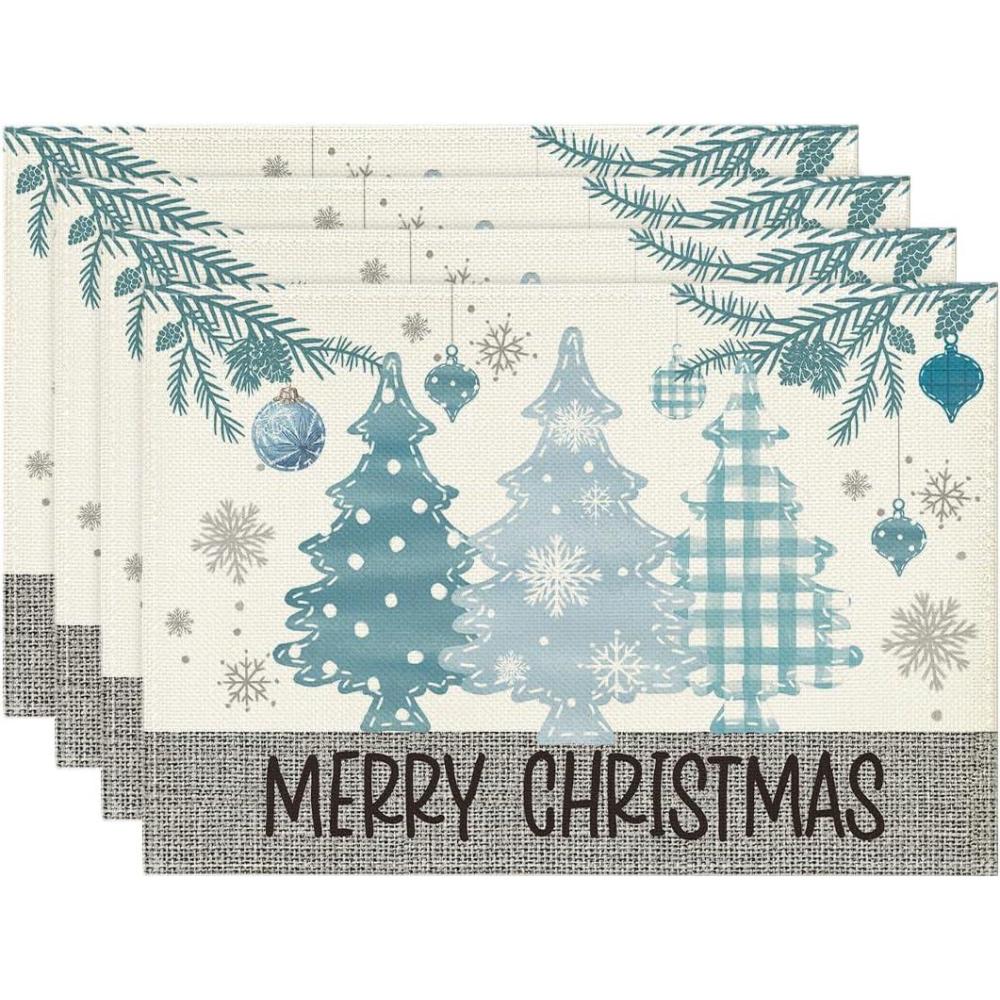 imageArtoid Mode Xmas Trees Ornament Snowflake Merry Christmas Round Placemats Set of 4 14 Inch Winter Round Table Mats for Dining DecorationBlue