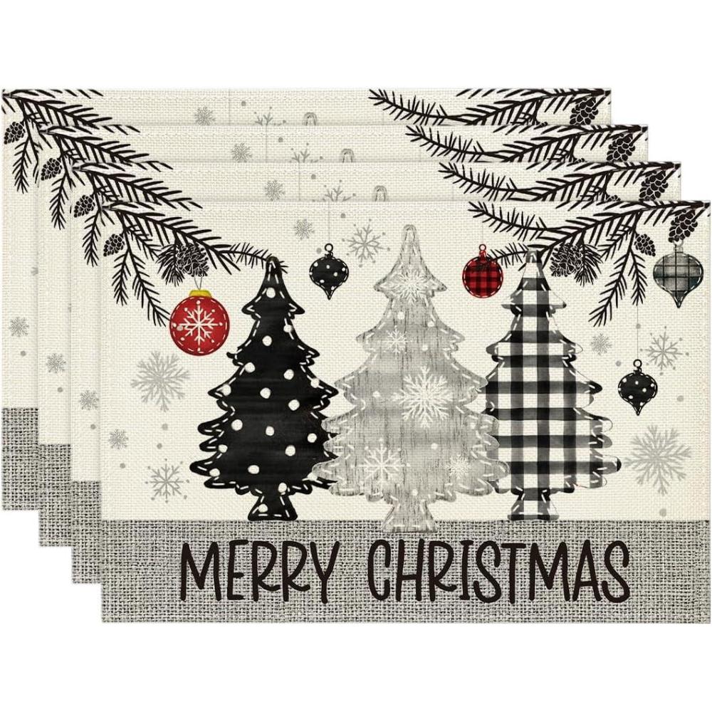 imageArtoid Mode Xmas Trees Ornament Snowflake Merry Christmas Round Placemats Set of 4 14 Inch Winter Round Table Mats for Dining DecorationGray