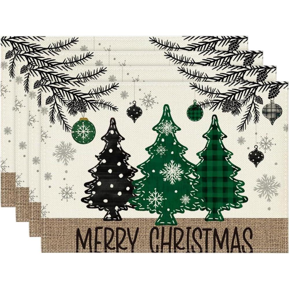 imageArtoid Mode Xmas Trees Ornament Snowflake Merry Christmas Round Placemats Set of 4 14 Inch Winter Round Table Mats for Dining DecorationGreen