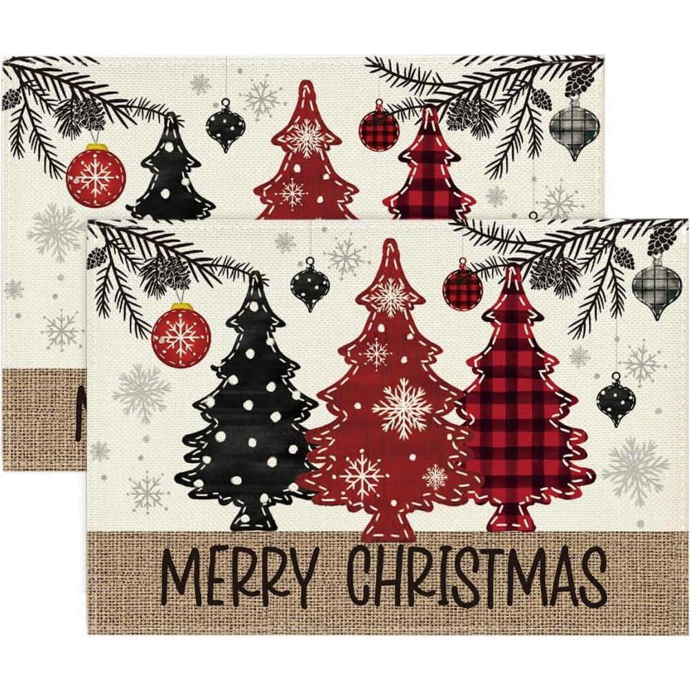 imageArtoid Mode Xmas Trees Ornament Snowflake Merry Christmas Round Placemats Set of 4 14 Inch Winter Round Table Mats for Dining DecorationRedBeige
