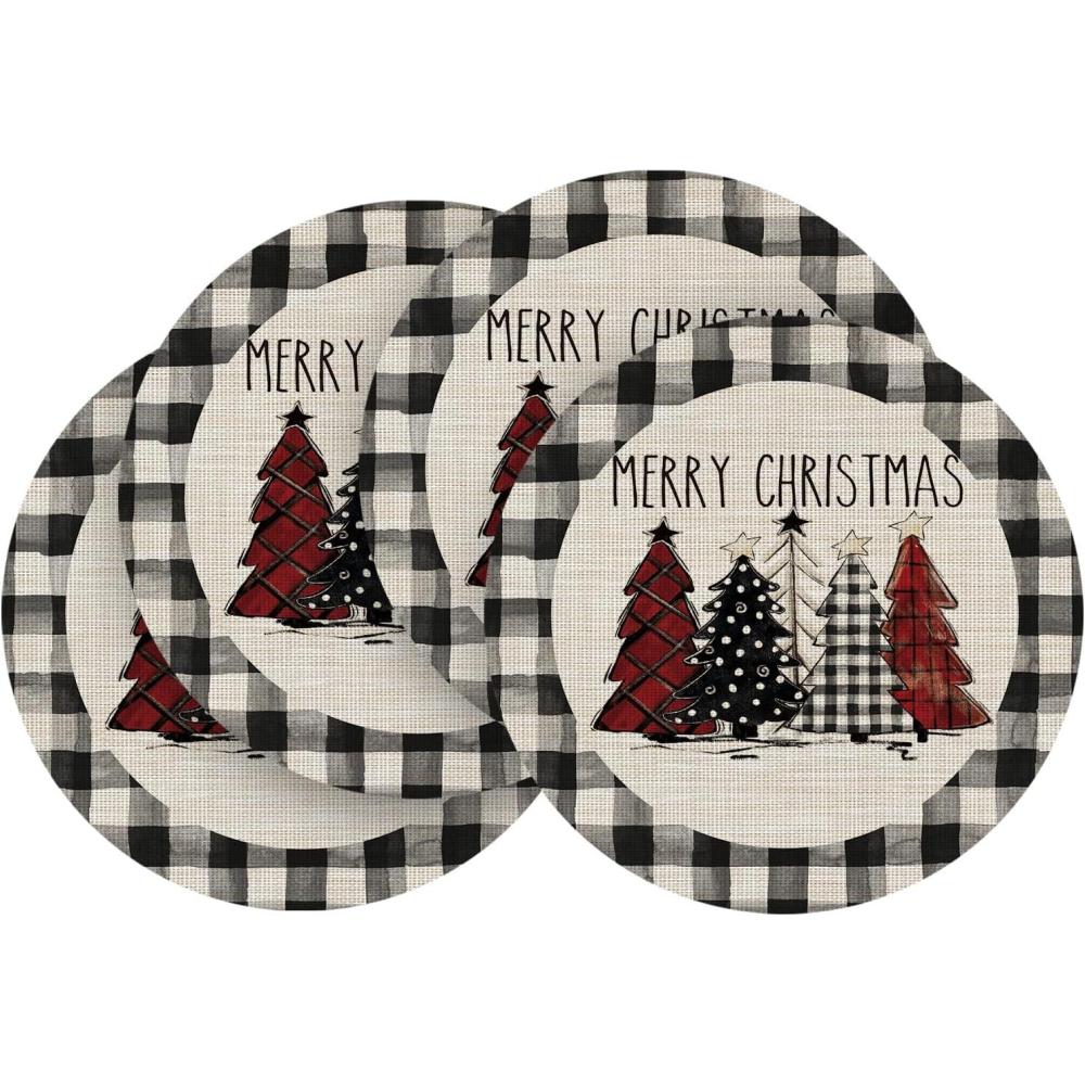 imageArtoid Mode Xmas Trees Vinyl Christmas Round Placemats Set of 4 15 Inch Wipeable Winter PVC Woven Table Mats for Party Kitchen Dining Decor Black