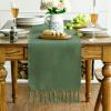 Artoid Mode Beige Tassel Table Runner, Boho Linen Blend Rustic Farmhouse Style Kitchen Table Decoration Holiday Wedding Party Dinning Decor 13×72 Inch(Dark Green)