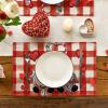 Artoid Mode Buffalo Plaid Hearts Gnomes Love Valentine Placemats Set of 4, 12×18 Inch Anniversary Wedding Holiday Table Mats for Party Kitchen Dining Decoration(Red/White)