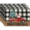 Artoid Mode Black Buffalo Plaid Xmas Trees Car Merry Christmas Round Placemats Set of 4, 14 Inch Winter Round Table Mats for Dining Decoration(Beige/Black)