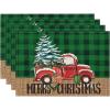 Artoid Mode Black Buffalo Plaid Xmas Trees Car Merry Christmas Round Placemats Set of 4, 14 Inch Winter Round Table Mats for Dining Decoration(Green)