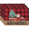 Artoid Mode Black Buffalo Plaid Xmas Trees Car Merry Christmas Round Placemats Set of 4, 14 Inch Winter Round Table Mats for Dining Decoration(Red/Black)
