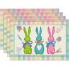 Artoid Mode Blue and White Porcelain Bunny Rabbit Easter Placemats Set of 4, 14 Inch Spring Round Table Mats for Party Kitchen Dining Decoration(Pink/Blue)
