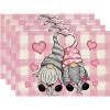Artoid Mode Buffalo Plaid Hearts Gnomes Love Valentine Placemats Set of 4, 12×18 Inch Anniversary Wedding Holiday Table Mats for Party Kitchen Dining Decoration(Pink/White)