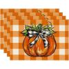 Artoid Mode Buffalo Plaid Pumpkin Fall Placemats Set of 4, 12×18 Inch Seasonal Autumn Table Mats for Party Kitchen Dining Decoration(Orange)
