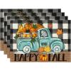 Artoid Mode Buffalo Plaid Truck Hello Fall Placemats Set of 4, 12×18 Inch Seasonal Autumn Table Mats for Party Kitchen Dining Decoration(Black/Beige)