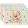 Artoid Mode Bunny Rabbit Ears Buffalo Plaid Flower Easter Round Placemats Set of 4, 15 Inch Spring Table Mats for Party Kitchen Dining Decoration(Blue/Pink)
