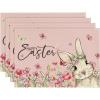 Artoid Mode Easter Round Placemats Set of 4, 14 Inch Bunnys Flowers Spring Farmhouse Round Table Mats for Easter Party Dining Decoration(Pink)