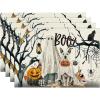 Artoid Mode Ghost Pumpkins Halloween Round Placemats Set of 4, 14 Inch Spider Dog Table Mats for Party Kitchen Dining(Black/Beige)