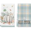 Artoid Mode Orange Hello Pumpkin Fall Kitchen Towels Dish Towels, 18×26 Inch Watercolor Stripes Leaves Decoration Hand Towels Set of 2(Blue)