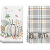 Artoid Mode Orange Hello Pumpkin Fall Kitchen Towels Dish Towels, 18×26 Inch Watercolor Stripes Leaves Decoration Hand Towels Set of 2(Grey)
