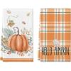 Artoid Mode Orange Hello Pumpkin Fall Kitchen Towels Dish Towels, 18×26 Inch Watercolor Stripes Leaves Decoration Hand Towels Set of 2(Orange)