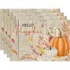 Artoid Mode Orange Hello Pumpkin Leaves Fall Placemats Set of 4, 12×18 Inch Autumn Thanksgiving Harvest Watercolor Table Mats for Dining Party Decoration(Wood)