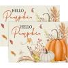 Artoid Mode Orange Hello Pumpkin Leaves Fall Placemats Set of 4, 12×18 Inch Autumn Thanksgiving Harvest Watercolor Table Mats for Dining Party Decoration(Beige/Orange)