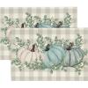 Artoid Mode Orange Pumpkins Eucalyptus Leaves Fall Placemats Set of 4, 12×18 Inch Seasonal Autumn Table Mats for Party Kitchen Dining Decoration(Blue)