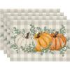Artoid Mode Orange Pumpkins Eucalyptus Leaves Fall Placemats Set of 4, 12×18 Inch Seasonal Autumn Table Mats for Party Kitchen Dining Decoration(Orange)