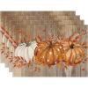 Artoid Mode Orange Pumpkins Eucalyptus Leaves Fall Placemats Set of 4, 12×18 Inch Seasonal Autumn Table Mats for Party Kitchen Dining Decoration(Wood)