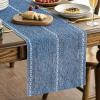 Artoid Mode Sage Green Rustic Cotton Linen Table Runner, Seasonal Embroidered Hollow Kitchen Dining Table Decoration for Home Party Decor 13×72 Inch(Blue)