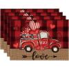 Artoid Mode Valentine Placemats Set of 4, 12×18 Inch Black Red Buffalo Plaid Hearts Truck Love Table Mats for Party Kitchen Dining Decoration