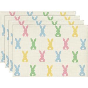 Artoid Mode Colorful Bunny Rabbit Easter Placemats Set of 4, 12×18 Inch Seasonal Table Mats for Party Kitchen Dining Decoration(Pink)