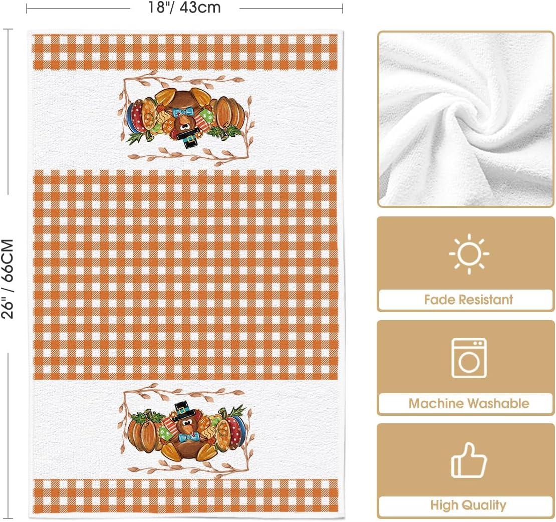 imageArtoid Mode Orange Buffalo Plaid Pumpkin Turkey Thanksgiving Kitchen Towels Dish Towels 18x26 Inch Farmhouse Holiday Decoration Cleaning Set of 2