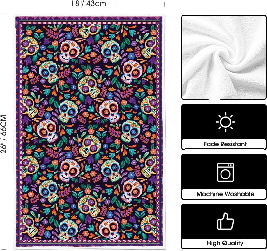 imageArtoid Mode Sugar Skull Day of The Dead Kitchen Towels Dish Towels 18x26 Inch Daisy Flower Mexican Decor Hand Towels Set of 2