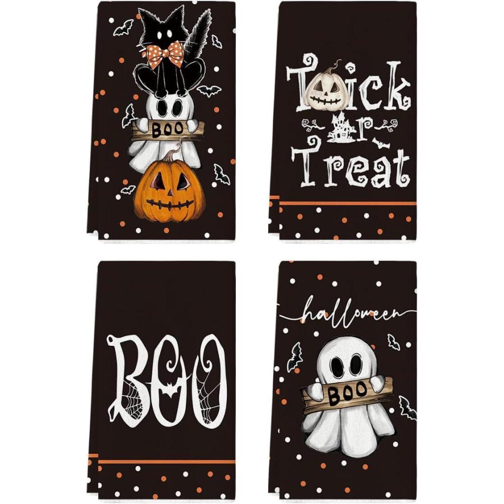 imageArtoid Mode Black Cat Boo Ghost Halloween Kitchen Towels Dish Towels 18x26 Inch Farmhouse Bat JackOLantern Decoration Hand Towels Set of 4Black