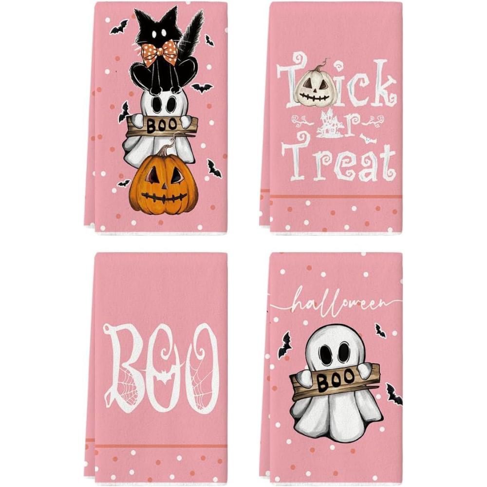 imageArtoid Mode Black Cat Boo Ghost Halloween Kitchen Towels Dish Towels 18x26 Inch Farmhouse Bat JackOLantern Decoration Hand Towels Set of 4Pink
