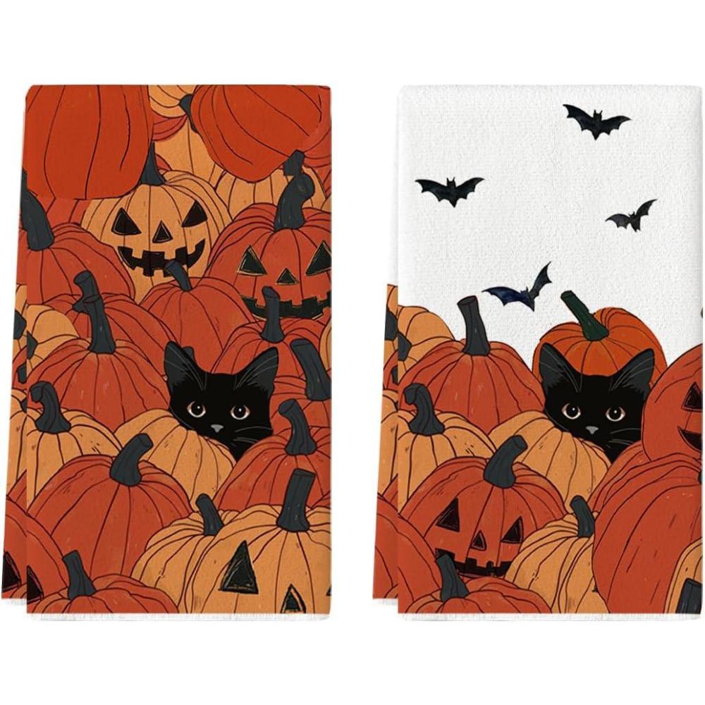 imageArtoid Mode Black Cat Pumpkin Halloween Kitchen Towels Dish Towels 18x26 Inch Farmhouse Bats JackOLantern Decoration Hand Towels Set of 2
