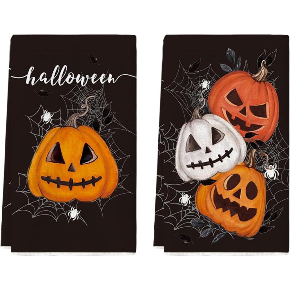 imageArtoid Mode Black Pumpkin Halloween Kitchen Towels Dish Towels 18x26 Inch Spider Web JackOLantern Decoration Hand Towels Set of 2Black
