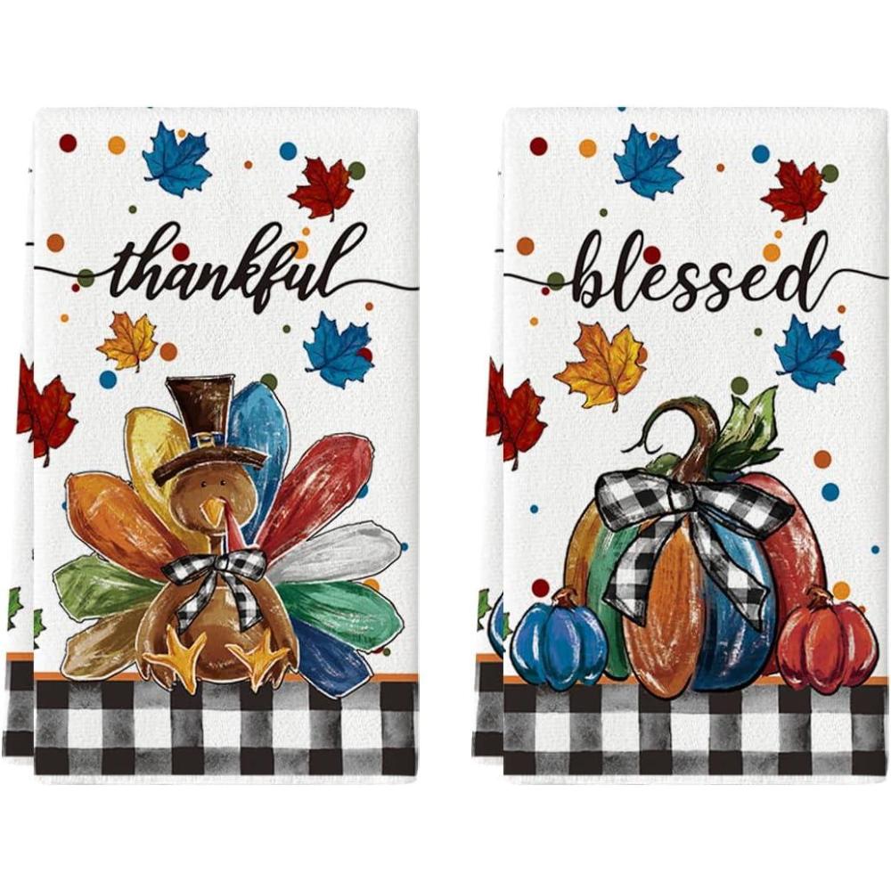 imageArtoid Mode Buffalo Plaid Turkey Thanksgiving Kitchen Towels Dish Towels 18x26 Inch Fall Leaves Pumpkin Decoration Hand Towels Set of 2