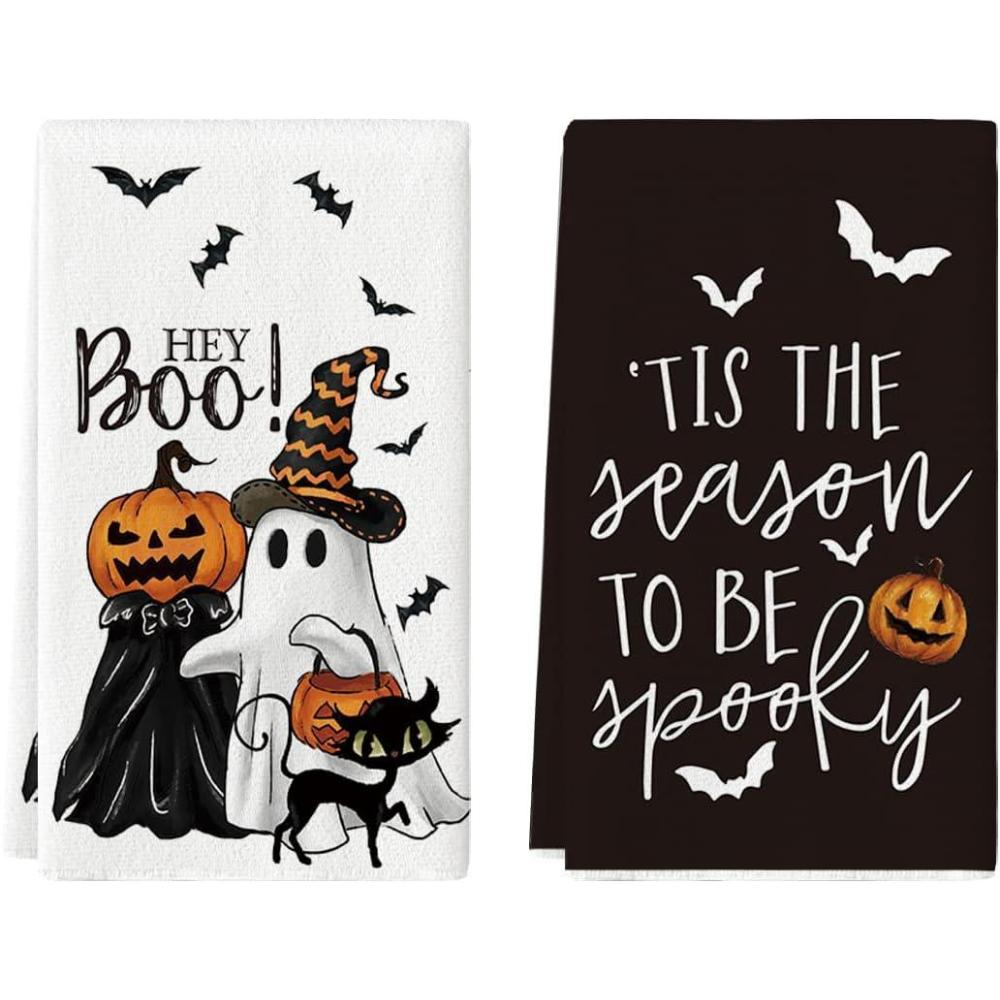 imageArtoid Mode Ghost Pumpkins Bats Cat Hey Boo Halloween Kitchen Towels Dish Towels 18x26 Inch Seasonal Decoration Hand Towels Set of 2Ghost
